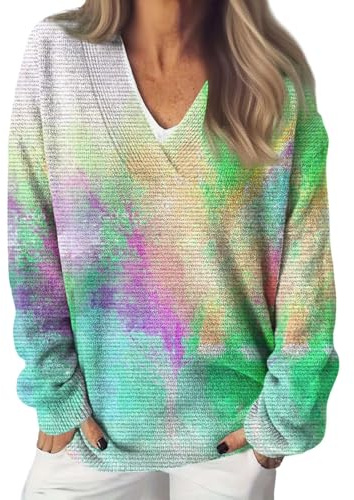 Udbeksid Sweater Femme Chic Élégant Pulls Noël Automne Hiver Pull Col V Rond Vintage Norvégien Manches Longues Oversize Casual Pull Femme Imprimé Floral Grande Taille