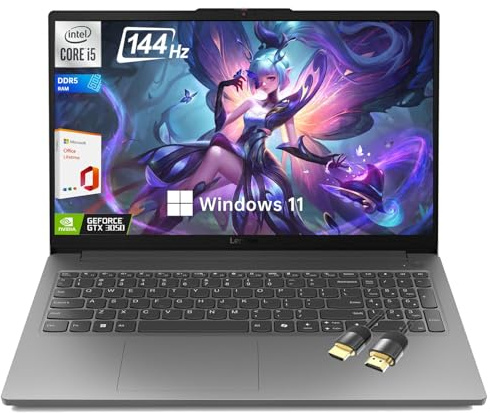Lenovo LOQ Essential Gaming Laptop, 15,6 FHD 144Hz Display,Intel Core i5-12450HX, GeForce RTX 3050,16GB DDR5 RAM, SSD 512GB, AI Copilot, Wi-Fi 6, RJ-45, USB-C, HDMI, con Lifetime Office, Win 11 Home