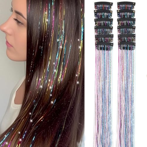 12 Pezzi Tinsel Extension Capelli con Clip, Fili Glitter Capelli Scintillio Resistente, Extension Clip in Glitter Hair Tinsel, per Ragazze Donne Festival Feste