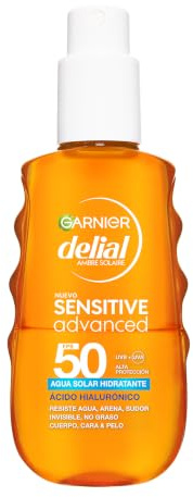 Garnier Delial Sensitive Advanced Agua Solar Hidratante FPS 50, 150ml | Acabado no Graso, Protección FPS50, Fórmula Vegana, Fórmula Hipoalergénica, Rápida Absorción, Sensitive Advanced