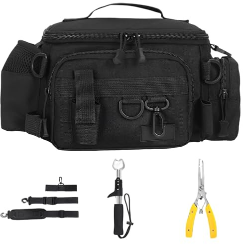 yeeplant Angeltasche mit Rutenhalter, Angelzange und Fischkontrolle, wasserdichte Angelgürteltasche