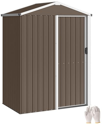 Outsunny Casetta da Giardino 1.1m² in Acciaio Zincato, Capanno da Giardino con Porta Singola Scorrevole Bloccabile, Tetto Inclinato, Guanti, Capanno Porta Attrezzi, 136x87x179 cm, Marrone