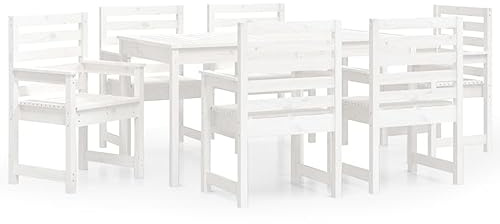 PUGYNBK 7-TLG. Garten-Essgruppe Weiß Massivholz Kiefer mit Latten-Design, Gartengarnitur Holz 7-TLG, Terrassenmöbel Set 7-teilig für Terrasse und Balkon