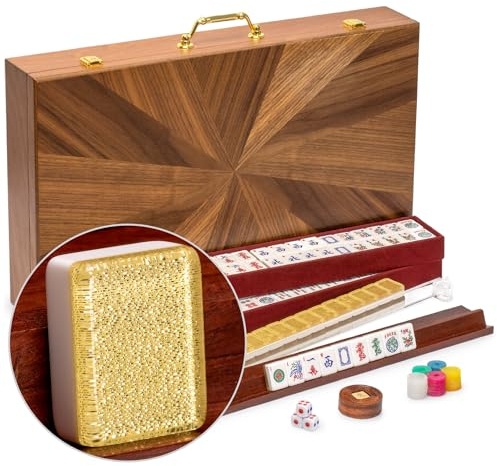 Yellow Mountain Imports American Mahjong Set, Golden Fortune with 166 Acrylic Mahjong Tiles, Inlaid Wooden Case, Racks and Other Accessories