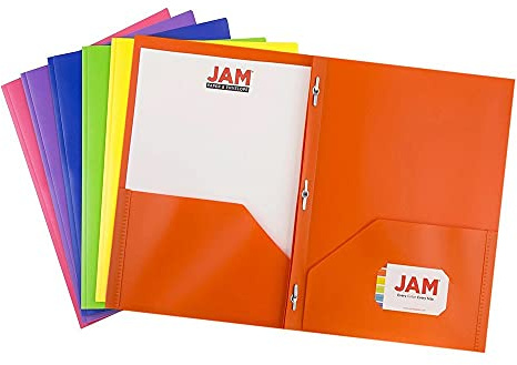 JAM PAPER Plastic Color POP Folders - 2 Pocket Durable Folders with Metal Prongs Fastener Clasps - Assorted Primary Colors - 6/Pack