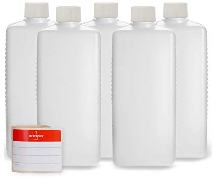 Octopus 5 Plastikflaschen 500 ml eckig aus HDPE mit weißen Schraubverschlüssen