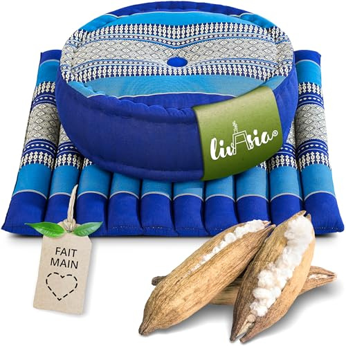 Livasia Ensemble méditation L - Ø 38x15cm/Tapis 50x50x4,5cm - Ensemble Yoga avec Coussin et Tapis, Pouf, Tapis de Yoga Fait Main avec du kapok, Coussin de Sol d’extérieur, Coussin zafu (Bleu)