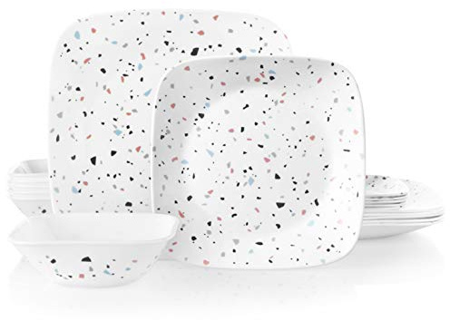 Corelle 18-Piece Dinnerware Set Service for 6, Chip Resistant, Glass, Terrazzo Rosa Square