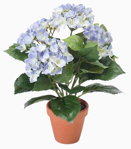 artplants.de Hortensia, Bleu Clair, 35cm | en Tissu LAIDA en Pot en Argile - Fausse Fleur/Faux Hortensia