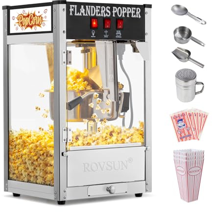 ROVSUN Popcorn Machine with 8 Ounce Kettle Makes Up to 32 Cups, Commercial Popcorn Machine Countertop Popcorn Maker w/Stainless Steel Scoop, Oil Spoon & 3 Popcorn Cups for Home Movie Theater, ETL