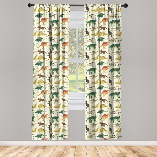 ABAKUHAUS Dinosaurier Vorhänge, Gardinen, Jurassic Cartoon Animals, Fensterbehandlungen für Wohnzimmer Schlafzimmer Dekor, 2 Stück 75 cm b x 175 cm h,Mehrfarbig
