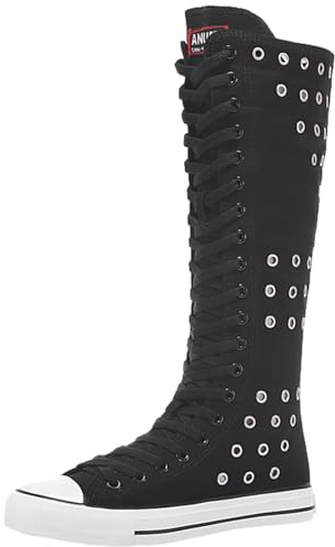 Jamron Donna Moda Tela Stivali da Ballo al Ginocchio Stivali in Bicicletta Ragazze Fantasia Scarpe da Scuola Nero Occhielli SN912AB EU37