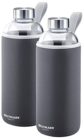 Westmark Trinkflaschen-Set, 2tlg., 2 Trinkflaschen aus Glas mit Aufdruck, inkl. je 1 Schutzhülle, 1000 ml, Glas/Silikon/Kautschuk, BPA-frei, Viva, Anthrazit/Silber/Klar, 527422E6