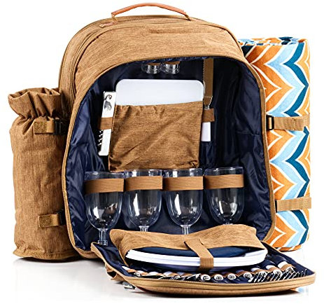 CampFeuer Picknickrucksack für 4 Personen | braun | Picknickset 32-teilig | inkl. Flaschenhalter und Fleece Decke, großem Kühlfach, Geschirr und Besteck | Rucksack mit Campinggeschirr, Picknickset