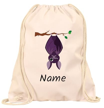 Turnbeutel Kinder Fledermaus personalisiert mit Namen, Baumwolle, Natur | Stoffbeutel mit Wunschname & Fledermaus-Motiv – für Kindergarten, Schule & Sport, aus 100 % Baumwolle