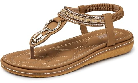 SHIBEVER Dressy Sandals for Women Comfortable: Summer Size 9 Ladies T Strap Brown Flat - Comfort Bohemian Walking Comfy Women Sandal