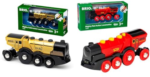 BRIO World 33630 - Goldene Batterielok mit Licht und Sound & World 33592 Rote Lola elektrische Lok - Batterie-Lokomotive mit Licht & Sound