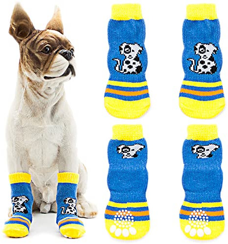 Avaner 4 Stücke Hundesocken mit rutschfestem Gummi Pfotenschutz Hohe Elastizität Hundeschuhe Weiche Socken Indoor Antirutschsocken für kleine Hunde Haustiere