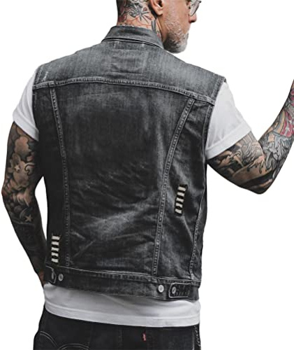 ORANDESIGNE Chaleco de Mezclilla de Hombre Chaqueta Sin Mangas Chaleco con Estampado de Calavera Punk Chaleco Vaquero Lavado Chaqueta Corta de Moto P Negro XL