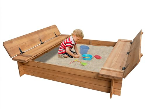 BIRASIL Wood Sandbox with 2 Bench Seats, Sand Boxes with Lid for Kids, Sand Pit with Cover for Outdoor Backyard Patio, 48 Inch