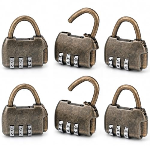 QWORK® 3-stelliges Zahlenschloss, 6 Stück, kleines Vorhängeschloss für Koffer, Gepäck, Reisetaschen, Fitnessstudio-Schließfach, Antik
