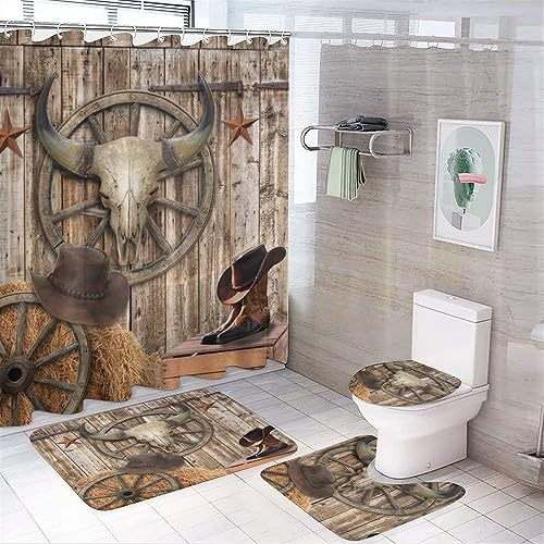 Western Texas Star Print 4 Pcs Waterproof Shower Curtain Set,Rustic Country Wooden Board Cowboy Boots Wheel Cow Skull with Waterproof Toilet Cover Shower Mat Rugs