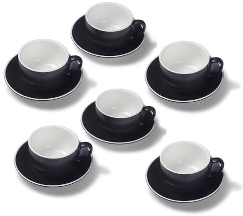 Terra Home 6er Milchkaffee-Tassen Set - Schwarz, 350 ml, Matt, Porzellan, Dickwandig, Spülmaschinenfest, italienisches Design - Kaffee-Tassen Set mit Untertassen