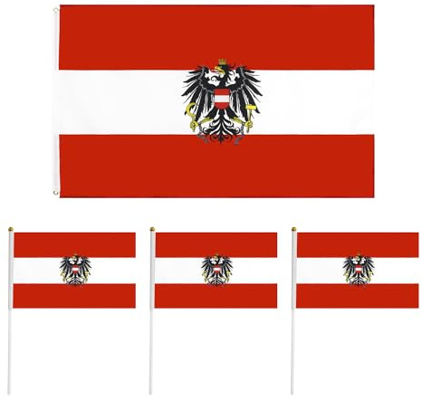 SLEEKEE 1 Drapeau Autriche Armoiries D'État Aigle 90 Cm X 150 Cm Avec 3 Petits Drapeaux Autrichiens Agités À La Main 14 Cm X 21 Cm Rouge Blanc Rouge
