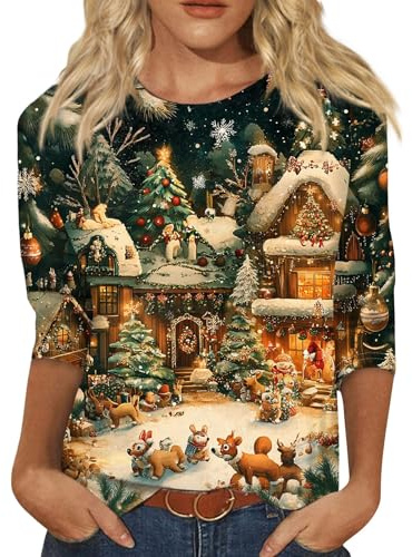 Weihnachts T-Shirt Damen Lustig Shirt 3/4 Arm | Rundhals Xmas T Shirt Rentier Weihnachtsbluse Party Weihnachts 3/4 Ärmel Weihnachtsmann Blusen