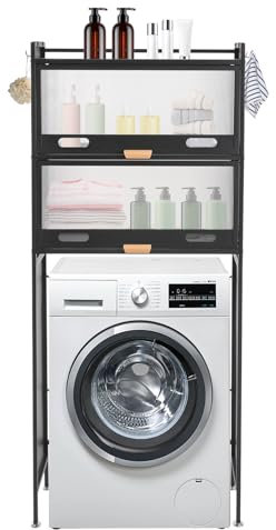HarBin-Star Lavadora de 3 niveles, armario para lavadora sin taladrar, estantería de baño con 4 ganchos, ahorra espacio, 70 x 25 x 167 cm (negro)