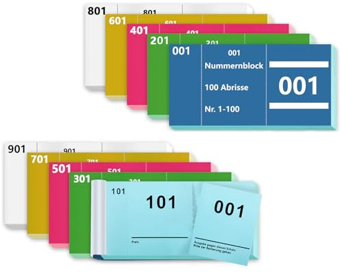 10 Büche Doppelnummern 1-1000 Nummern Zahlen 5 Farben 5X10cm Nummernblock Nummernblöcke Tombola Nummernblock Papier Lose Tombola Nummerierte Abrisse Doppelnummernblock Blau Grün Rosa Gelb Weiß