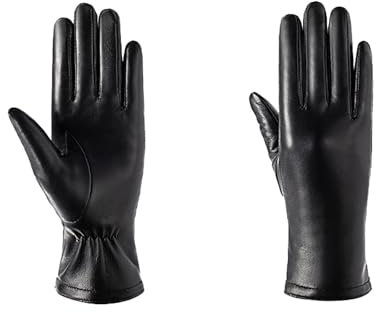 IQYU Lange Handschuhe Gestreift schwarze Touchscreen-Lederhandschuhe, weich und warm Fäustlinge Damen (Black, XL)