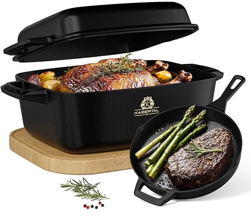 KAISERTAL® 30cm Gusseisenpfanne & 28cm Bräter - Eingebranntes Guss Kochgeschirr für Fleisch, Aufläufe & Schmorgerichte - Induktionsgeeignet, für Gas & Elektro uvm.