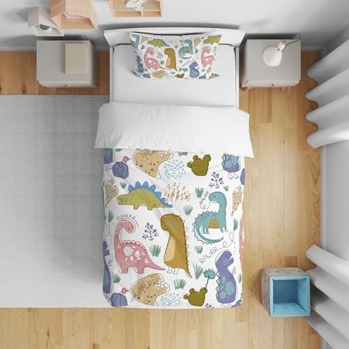 DJDEA Bettbezug für Kinder, 90 x 190 cm, Dinosaurier-Druck, für Jungen, Bettwäsche aus Mikrofaser, für Einzelbett, mit Kissenbezug, 40 x 60 cm