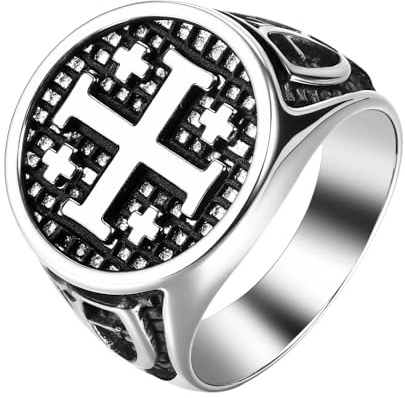 Flonge Cross Ring for Men: Jerusalem Cross Stainless Steel Ring Religious Cross Signet Rings Christian Baptismal Amulet Gift Size 12