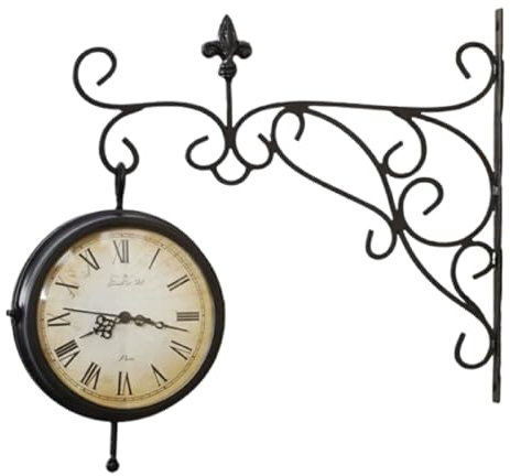 U.saf Double Sided Outdoor Station Clock, Waterproof Garden Dual Faced Station Clock Retro Style Wall Hanging | black | cream | brown | black thermometer (Black thermometer)