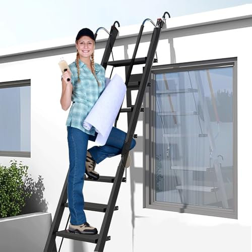 Metal Loft Bed Ladder Replacement, Lightweight Bunk Bed Safety Rail Ladder with Handrail & Hooks, Folding Stairs Steps for Ceiling Attic Access(Black,10 STEP- higt 306cm)