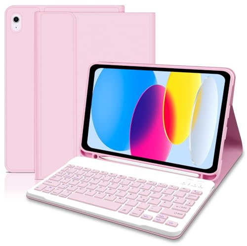 Lielax Hülle mit Tastatur für iPad A16 11 10 Generation 2025 2022, 11/10,9 Zoll - QWERTZ Layout Keyboard, Magnetische Abnehmbare Schutzhülle mit Pencil Halter für iPad 11./10. Gen, Rosa