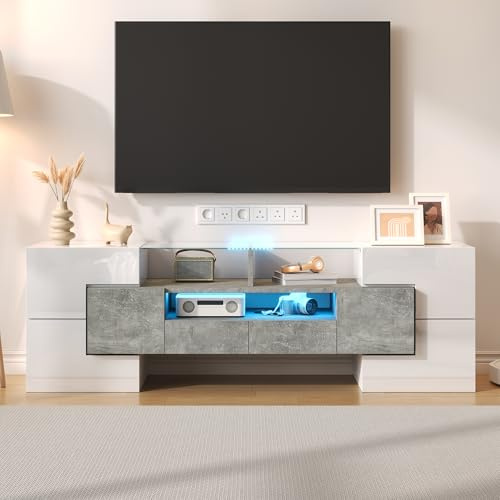 LAKFEW Mueble TV Salon de hasta 60 Pulgadas, Muebles TV con Iluminación LED y 6 Puertas, Muebles de Salon Mueble Television con Estante y 2 Cajones, 145x30x51 cm, Blanco