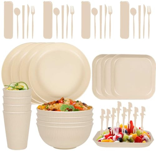 Assiettes de camping incassables pour 4 ou 48 pièces - Ensemble de pique-nique en plastique léger pour fête, maison et pique-nique - Couverts de camping légers pour enfants et personnes âgées (blanc)