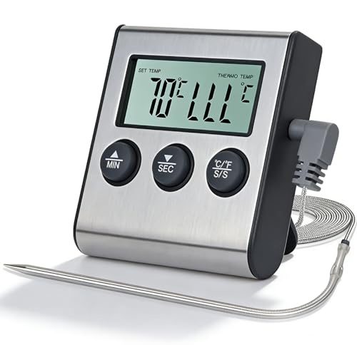 Candeon Digital stektermometer kötttermometer, 0–250 °C, kökstermometer, ugnstermometer, grilltermometer med sond av stål, livsmedelstermometer med timer för grillning, grill, röker