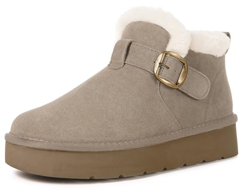 Dokela Bottes Hiver Femme Daim Suède Cuir Véritable Boots Chaud Fourrure Doublure Imperméable Confort Bottines de Neige Fermeture Chaussures Extérieur Antidérapant,Kaki,39 EU