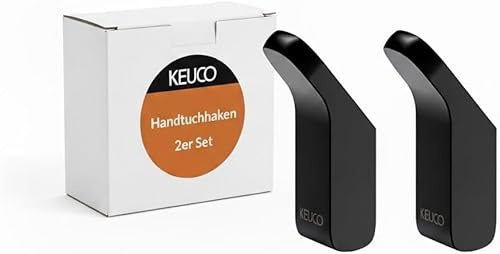Keuco Rose Handtuchhaken 2 Stück, ohne Bohren, Metall schwarz matt | inkl. Klebeset und Schraubset, für Handtücher und Bademäntel, Wandhaken zum Kleben oder Schrauben