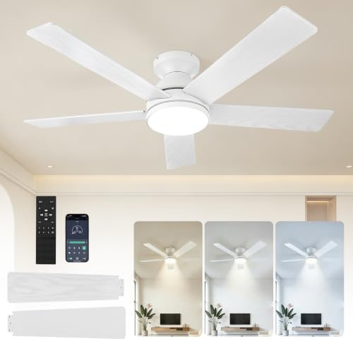 Couleeur Ceiling Fan with Lights and Remote, 52 Inch White Ceiling Quiet DC Motor Ceiling Fan, Dimmable LED Outdoor Fan with APP Control, 6 Speed Timer Reversible Modern Ceiling Fan for Patio Bedroom