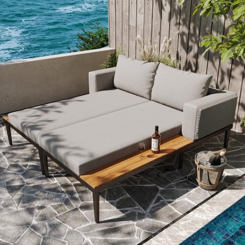 Merax Sonnenbett Outdoor – Multifunktionales Daybed für 2 Personen, Polyrattan Sonnenliege mit abnehmbarem Kissen, Gartenliege mit Holzseitenteilen, ideal für Terrasse, Balkon und Garten