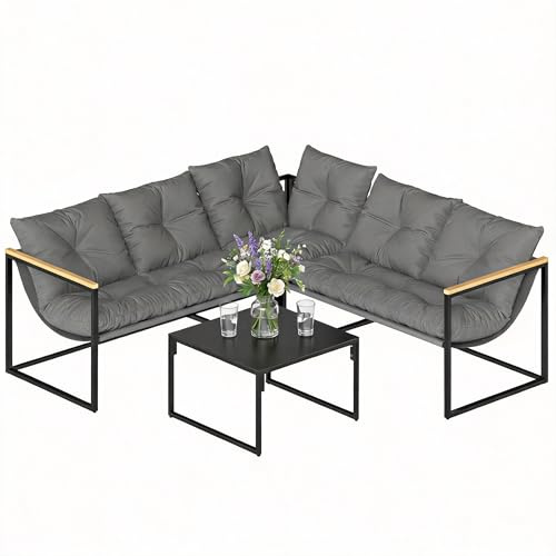 Outsunny Conjunto de Muebles Jardín Exterior de 4 Piezas, Sofá Exterior Seccional Resistente Forma de L con Cojines Gruesos, 2 Sofás de 2 Plazas, Sofá de Esquina y Mesa Centro de Vidrio Templado, Gris