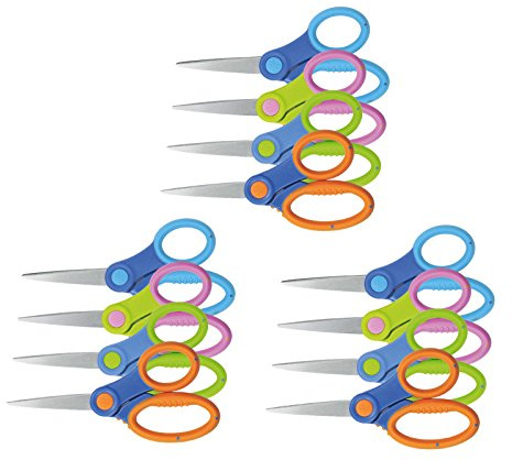 Westcott E-26006 00 Microban Schul-Schere, spitze Spitze mit Soft-Grip Griff, 13 cm, 12 Stück, 4-farbig