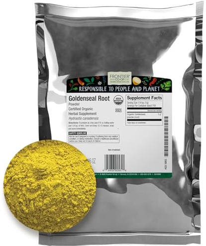 Frontier Co-op Organic Goldenseal Root Powder, 1/4 lb - Earthy, Bitter Herbal Root with Bright Yellow Color for Tea and Tincture Recipes - 4 oz