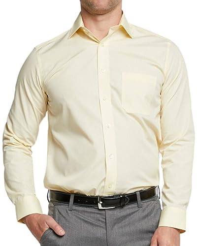 Double TWO Men's Long Sleeve Plain Formal Shirt Non Iron Classic Fit Business Dress Shirt - Lemon, 18.5in Collar
