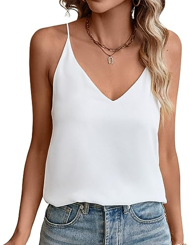 Evera B Women’s V-Neck Spaghetti Strap Tank Flowy Dressy Casual Camisole Blouse Sleeveless Loose Fit Basic Cami (Large, Adj Strap Off Wht)